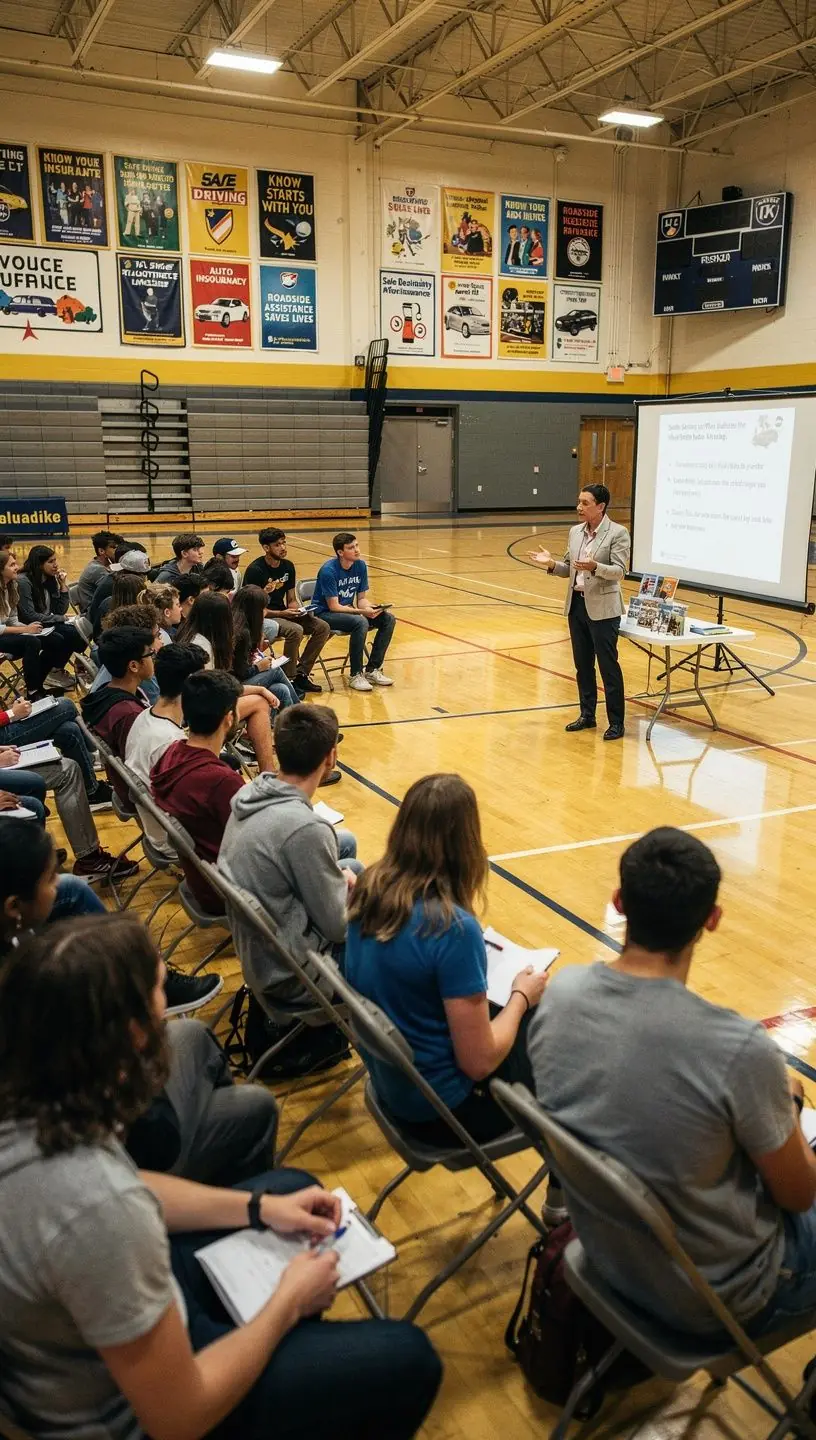 Изображение автомобиля, застрахованного по полису ответственности, с отображением дорожных знаков и безопасной среды.