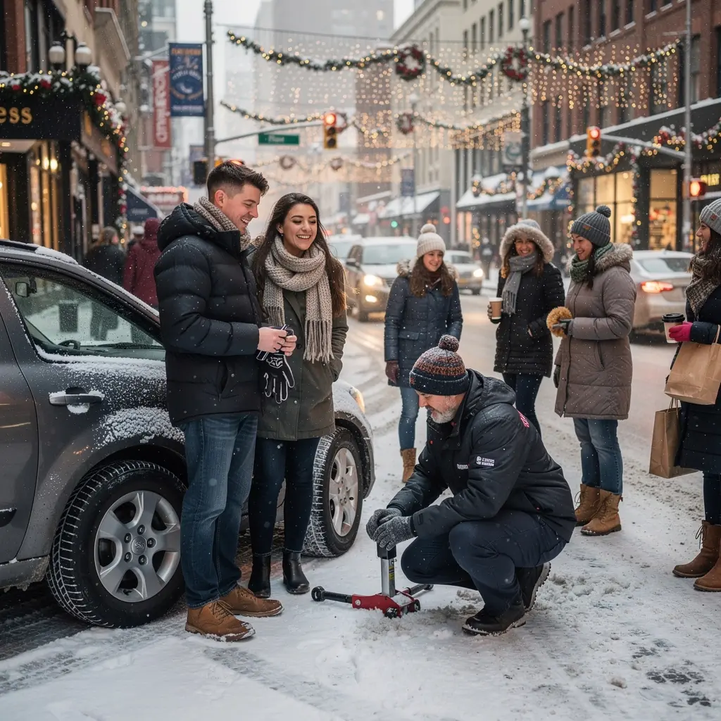 Счастливый водитель, получающий помощь на дороге, с символами страхового покрытия.